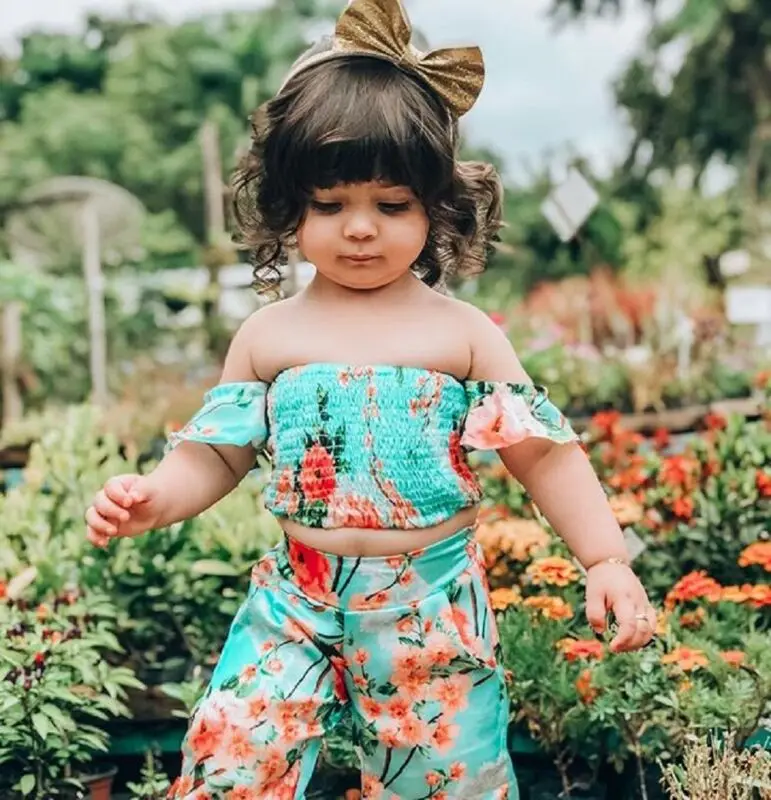 Malčka Otrok Baby Dekle Cvetlični Obleke Off Ramenski Obreži Zgoraj Dolge Hlače Obleko Set