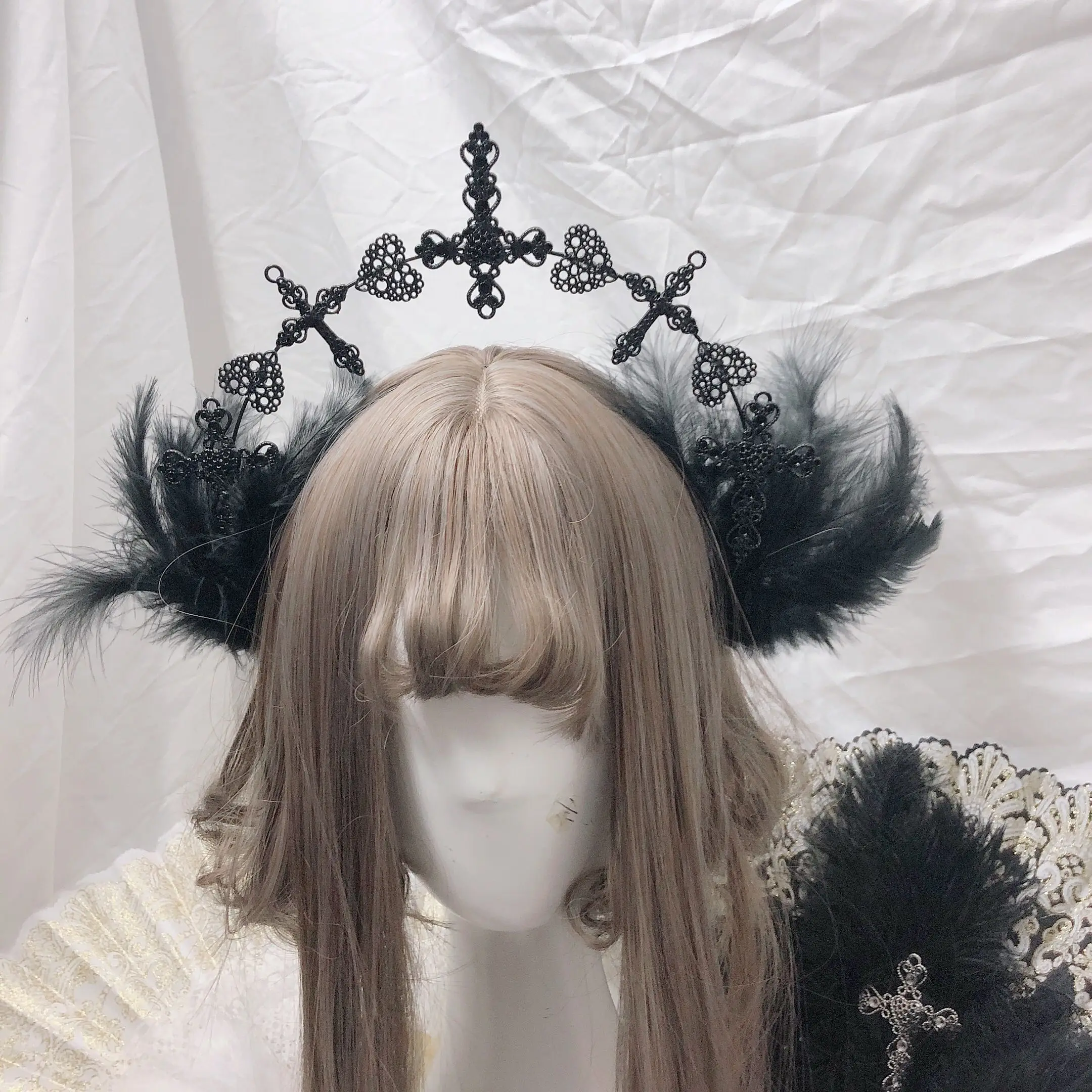 Lolita Dark serije Gotike devica marija halo Cosplay križ pero pearl verige krono, Dekle fotografiranje Pokrivala Rekviziti