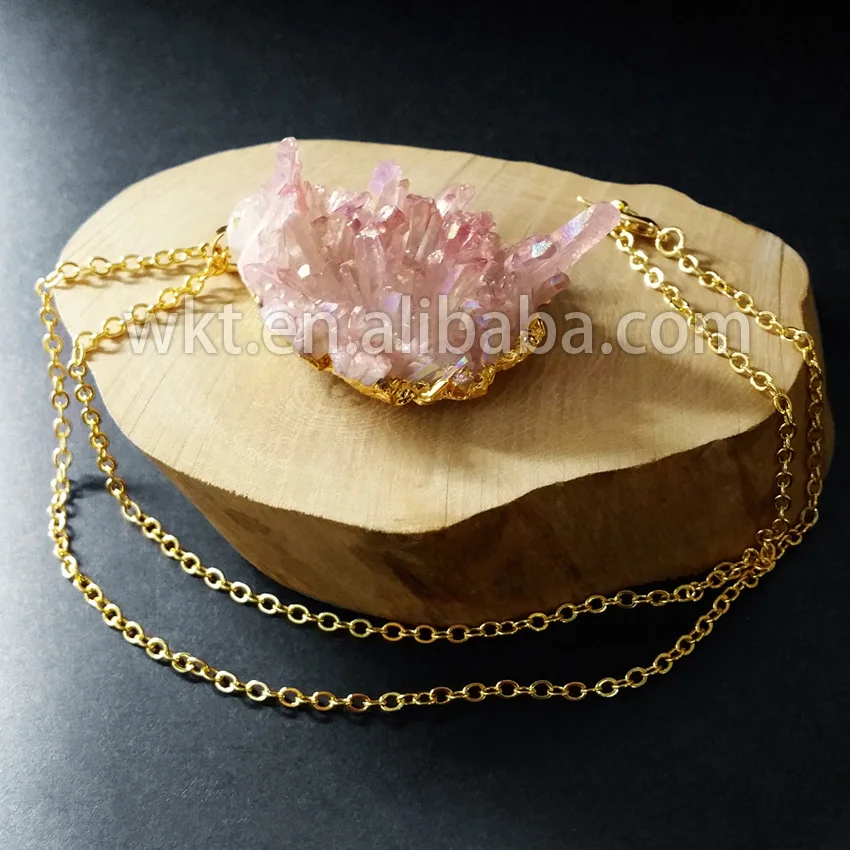 WT-N523 Naravne svetlobe roza grobi kristali kremena ogrlico, obesek, aura quartz obesek ogrlica z zlato barvo verige