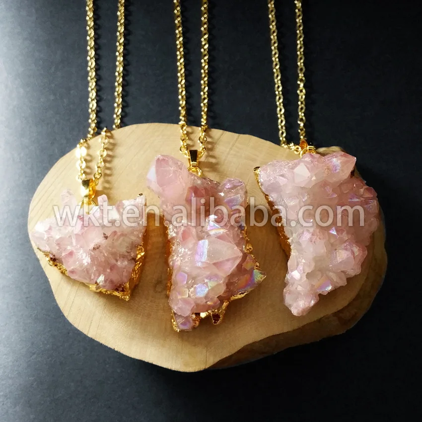 WT-N523 Naravne svetlobe roza grobi kristali kremena ogrlico, obesek, aura quartz obesek ogrlica z zlato barvo verige