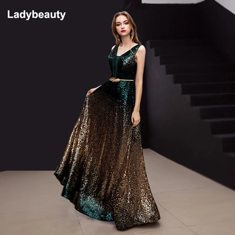 Ladybeauty 2020 Nov prihod Gradient Sequined Večerno Obleko Proti-Vrat brez rokavov Preprost Večerne Dolgo Stranka vidika Dresse