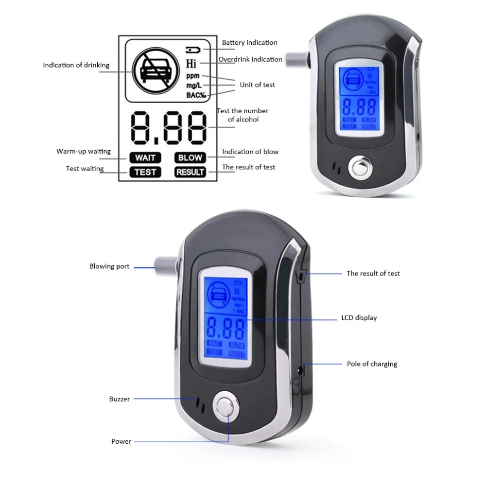 Strokovno Digitalni Dih Alkohol Tester Breathalyzer z LCD Dispaly s 5 Ustniki Prenosni Breathalyser AT6000