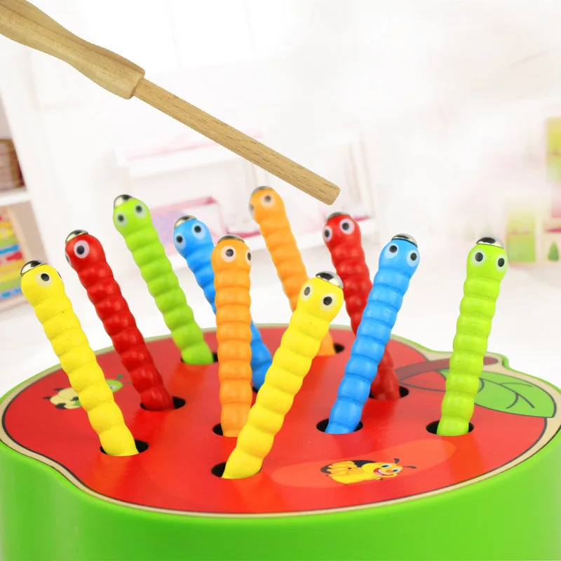 Montessori Lesene Igrače, Sestavljanke Zgodnjem Otroštvu Izobraževalne Igrače, Ujeti Črv Igra Barve Kognitivne Magnetni Jagode Apple
