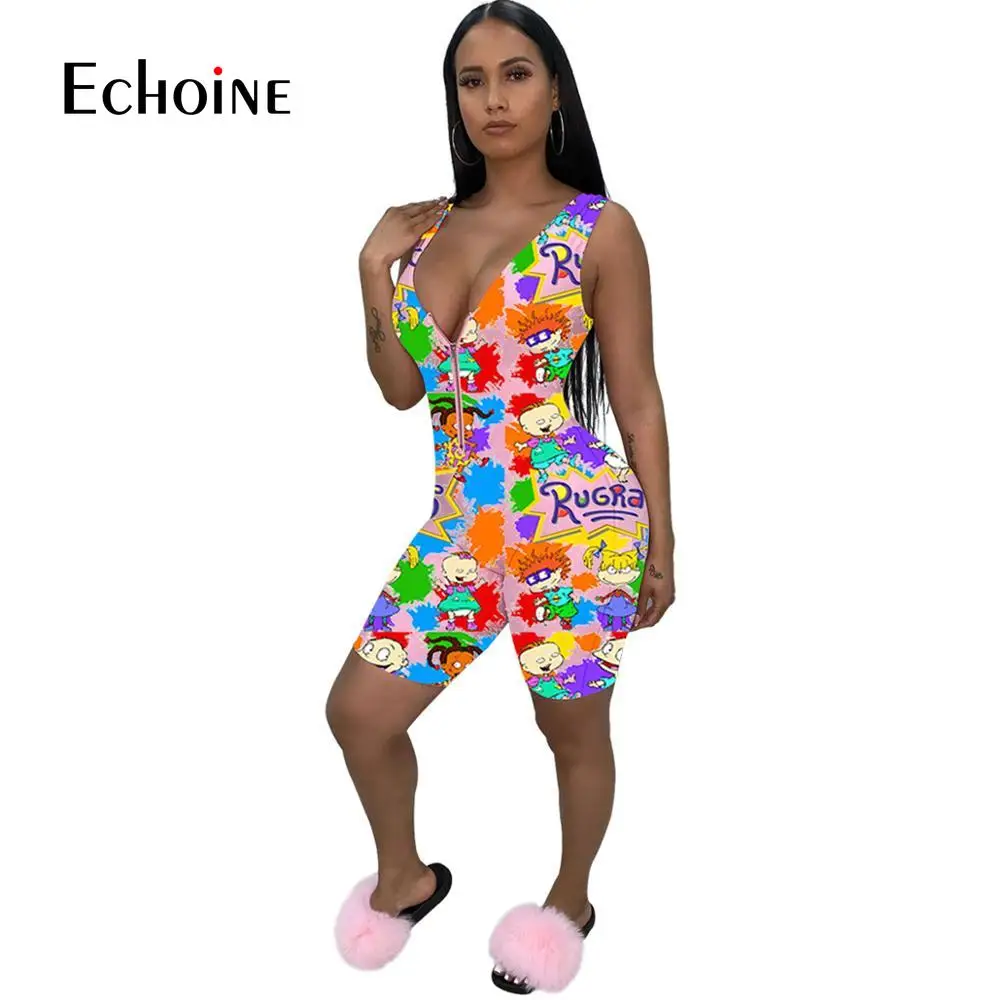 Echoine poletje nove seksi risanka tiskanja spredaj zip suh kratek jumpsuit design priljubljenih žensk v vratu brez rokavov playsuit bodysuit