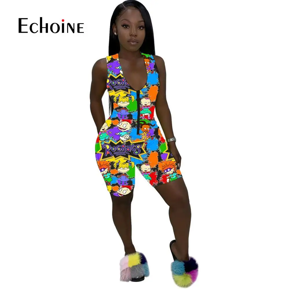 Echoine poletje nove seksi risanka tiskanja spredaj zip suh kratek jumpsuit design priljubljenih žensk v vratu brez rokavov playsuit bodysuit