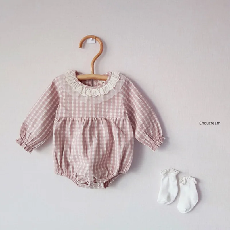 Newborn Baby Girl Obleke 2020 Organski Bombaž Toddlers Igralne Obleke Za Malčke Dekliška Pomlad Jesen Srčkan Kariran Tiskanja Jumpsuit Čipke Ovratnik