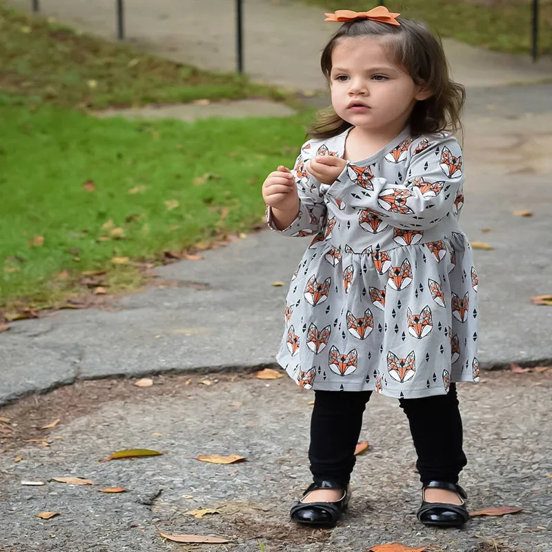 Bivanje Naivno Dekle Oblačila 2018 Padec Moda Fox Tiskanja Bombaž Obleko Z Dolgimi Rokavi Dekle Priložnostne Obleko Oblačila