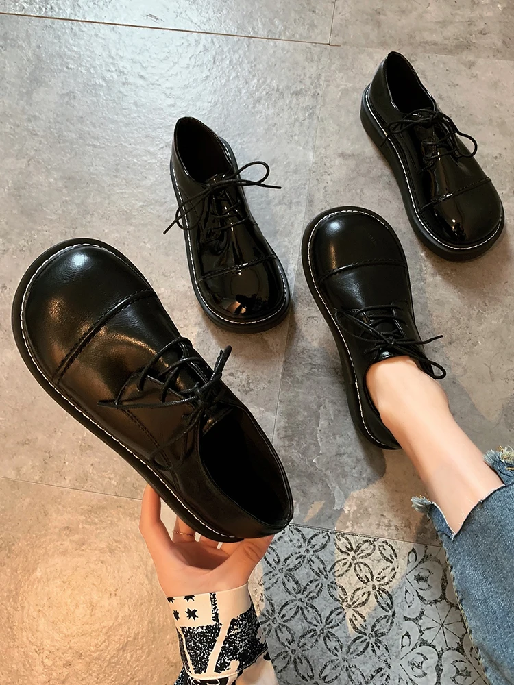 Japonski veliko glavo ženske čevlje 2020 novi Britanski veter z debelim dnom, z majhnimi usnjeni čevlji krog glave enotni čevlji