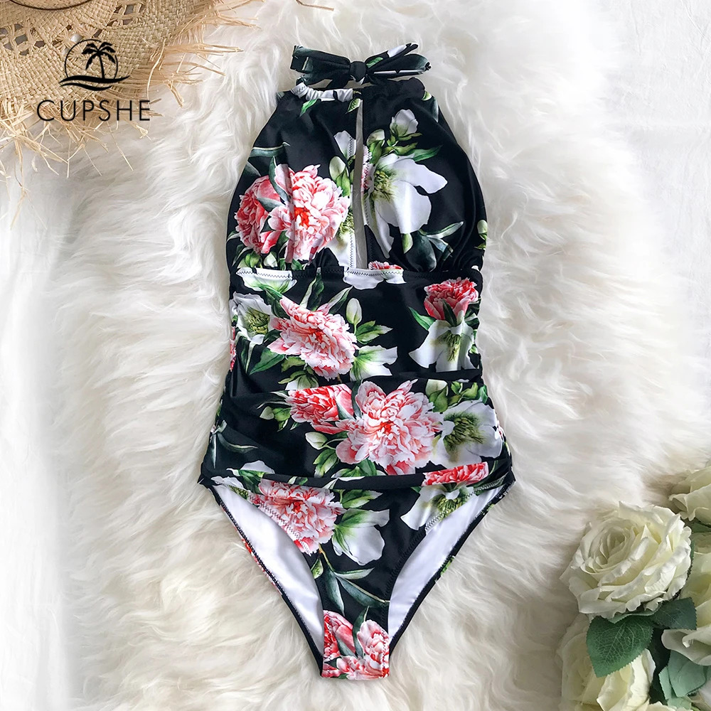 CUPSHE Black Cvetlični Povodcem enodelne Kopalke Seksi Slike Čipke Odprite Hrbtni Ženske Monokini 2021 Plaži, Kopalne Obleke, Kopalke