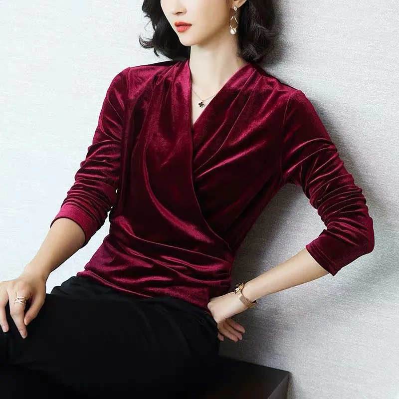 Novo Autunm ženske blagovne znamke seksi dolgimi rokavi, V-izrez urad bluzo korejskem slogu žensk Pomlad velur srajce plus velikost vijolično vrhovi M-8XL