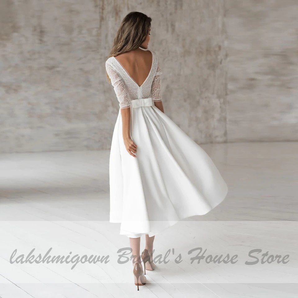 Lakshmigown Elegantne Poročne Čaj Dolžina Poročno Obleko 2020 Haljo Saten Linijo Poročnih Oblek Globoko V-neck Ženske Sprejem Stranka Oblek