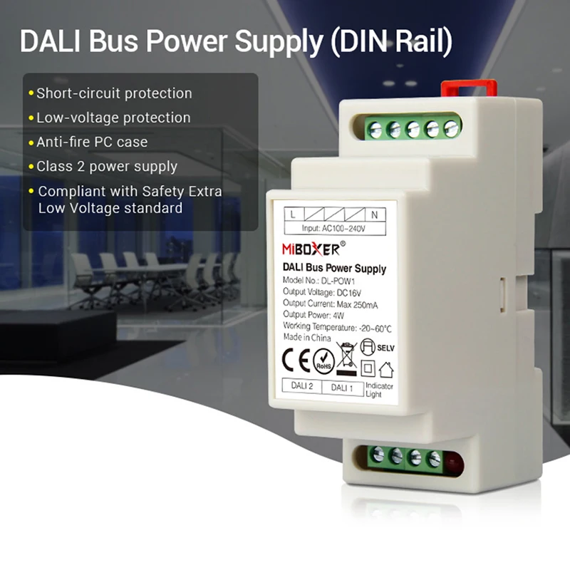 Miboxer DIN Rail DALI Avtobus Napajanje DL-POW1 DC16V 4W Max250mA led transformator za 110V AC 220V DALI RGB SCT led downlight