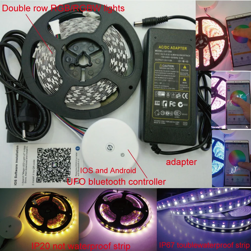 5m 120led/m Dvakrat Zapored IP67/IP33 5050RGB/RGBW(bela)/RGBWW Upogljiv LED Trak DC12V 600LED+nlp IOS Android bluetooth+adapter kit