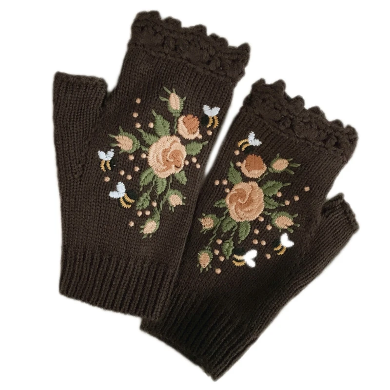 Ženske Zimske Pletene Rokavice brez Prstov Cvetlični Čebel Vezenje Thumbhole Palčniki M5TE