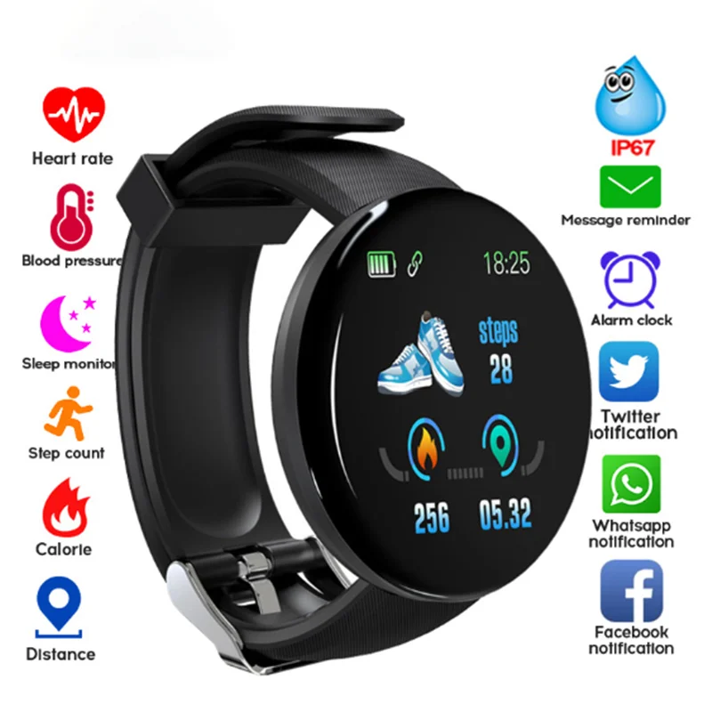 D18 Smartwatch Fitnes Ure Pametno Gledati Moški Ženske Krvni tlak Korak Štoparica za IOS Android Pametna Zapestnica