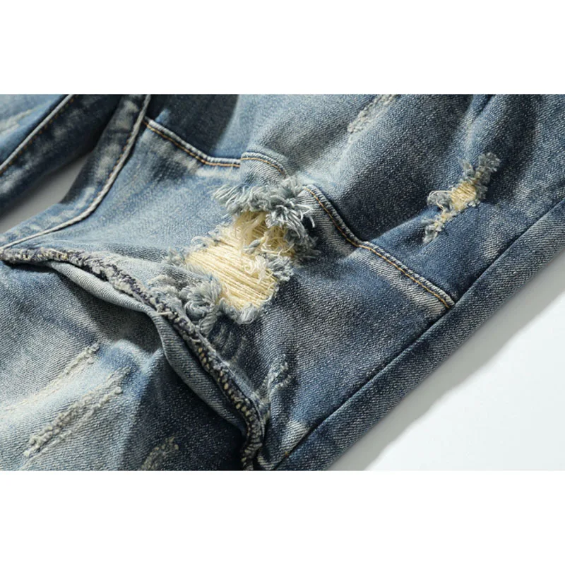 Ulične Mens Oprati Uničeno Kavbojke Stiski Raztrgala Biker Skinny Jeans Hlače Trend Soild Barve Slim Fit Luknjo Jean