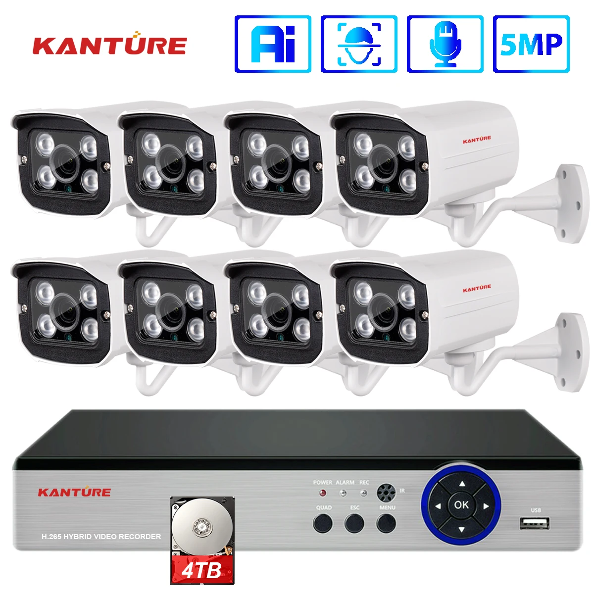 KANTURE H. 265+ 4CH 8CH 5MP NVR POE Varnostne Kamere CCTV Sistema Ai obraz snemanje Zvoka na Prostem IR-CUT CCTV Video Nadzor set
