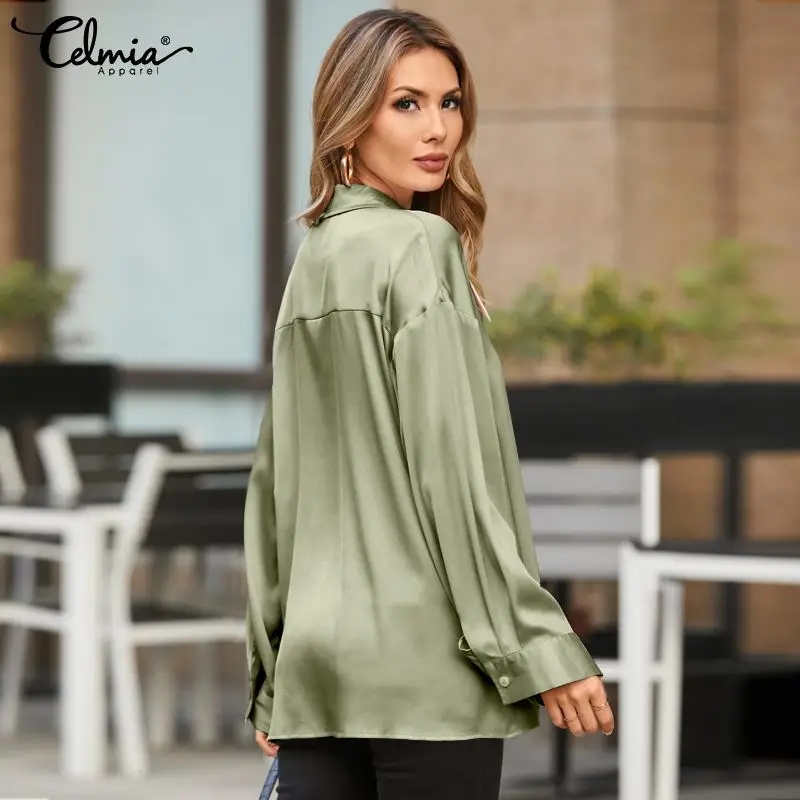 Celmia 2021 Pomlad Saten Bluzo Ženske Modni Dolg Rokav Elegantne Srajce Elegantna Oversize Priložnostne River Trdna Vrhovi Femme Plus Velikost