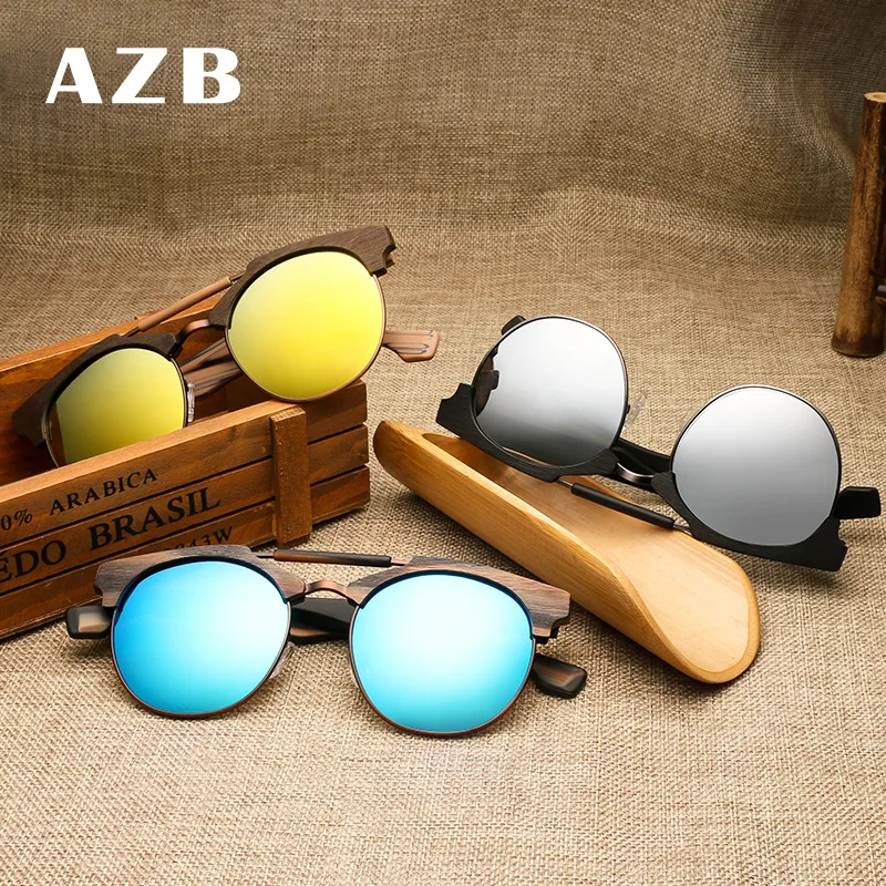 AZB Lesene Polarizirana sončna Očala za Moške in Ženske Retro Brown Les, sončna Očala, blagovno Znamko, Design, Okrogle Sunglass, UV Zaščita