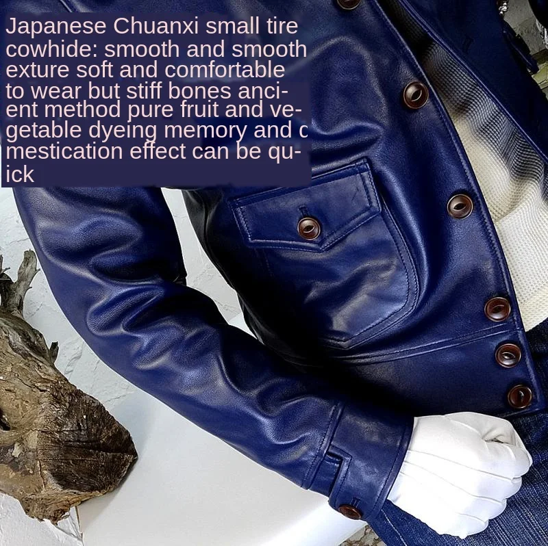 Modro Obarvana Japonska Ploda Cowhide Strojene 1920 Pravega Usnja Vratu moška Jakna Visoke Kakovosti