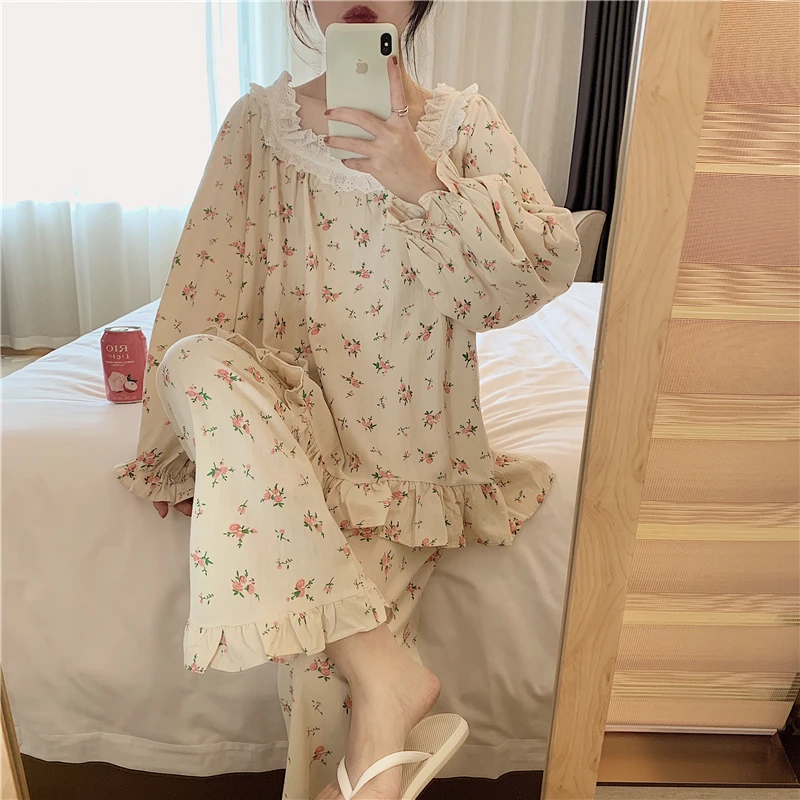 Fancy čipke cvjetnim tiskanja lepe ženske pižame nastavite dolg rokav ruffles vrh hlače 2 delni set homewear pomlad jesen domov obleko Y264