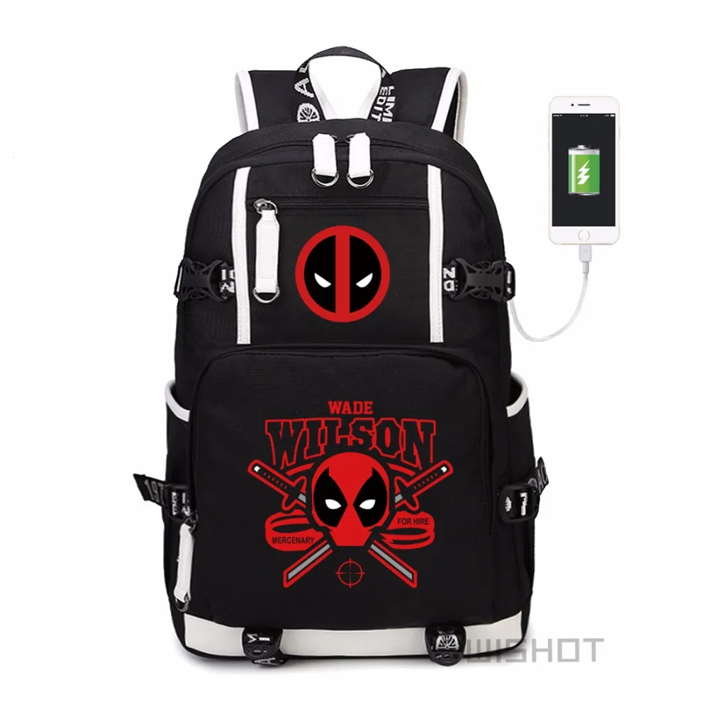 WISHOT Deadpool Superheros nahrbtnik za najstnike Moški ženske Modni Šoli Torba za potovanja USB Polnjenje vrečko Večnamenska torba
