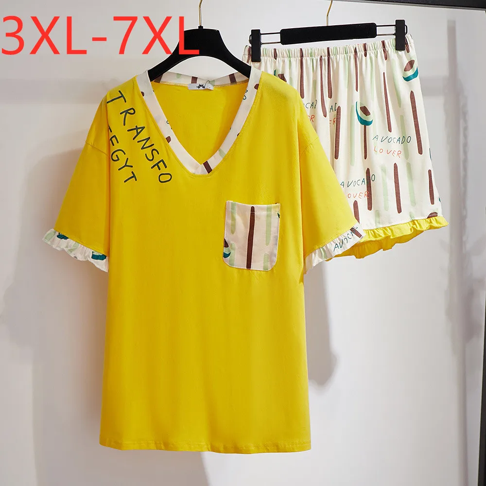 Novo 2021 poletje plus velikost domov nositi kompleti za ženske velika svoboden rumena print majica s kratkimi rokavi in kratke hlače, pižame bo ustrezala 3XL 4XL 5XL 6XL 7XL