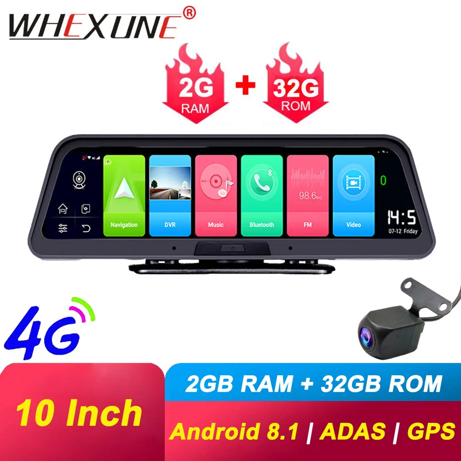 WHEXUNE 10 Inch 4G Avto DVR ADAS Android, GPS navigacija HD 1080P Dash fotoaparat, Video Snemalnik Night vision Telefon APP Remote Monitor