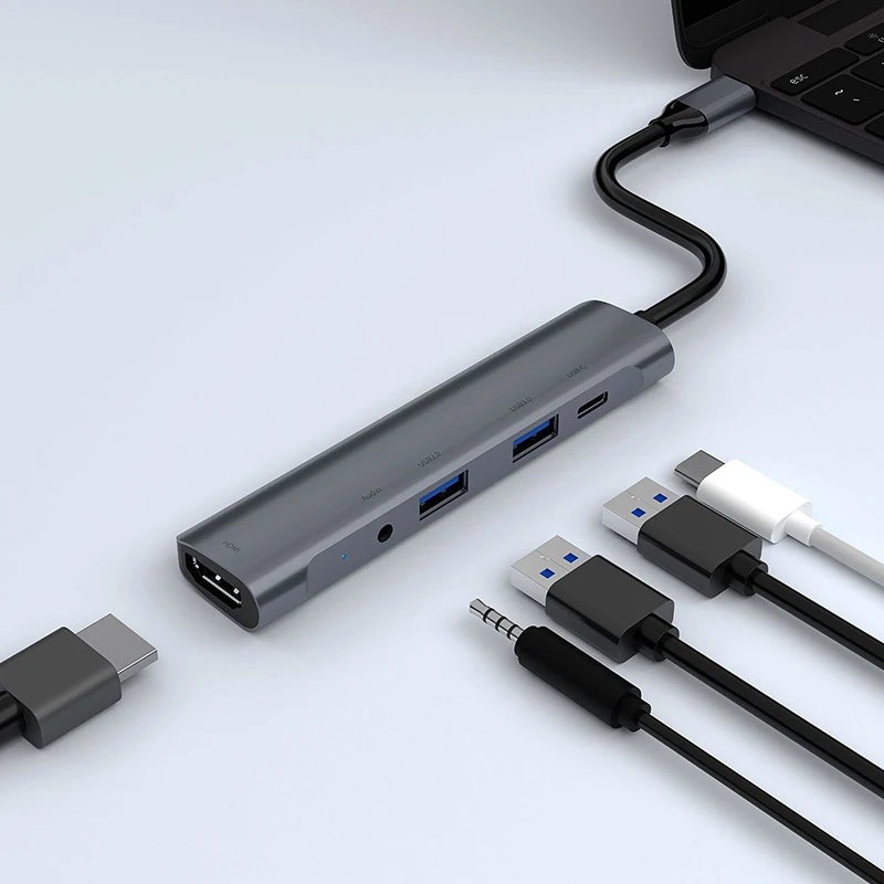 VROČE-Aluminij USB-C Razširitveno Postajo 5 In1 Tip C Hub HDMI, USB 2.0/USB 3.0 o 3,5 mm Vrata Expander Adapter Za Prenosni RAČUNALNIK
