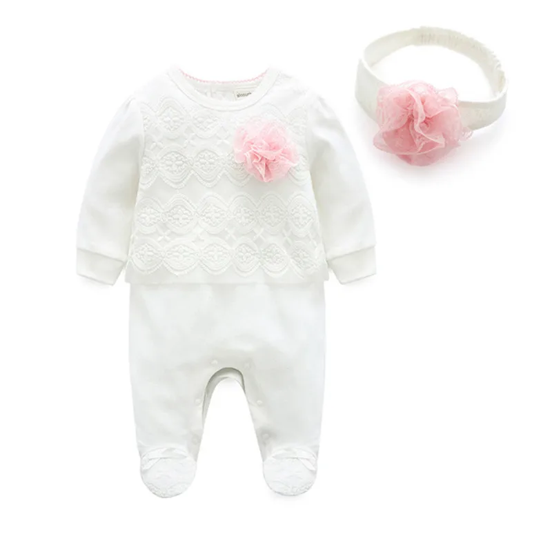 Newborn baby girl obleke jeseni bombažne čipke baby romper dolgimi rokavi jumpsuit Otroci Stopala Pižamo Otroška Oblačila 0 3 6 mesec