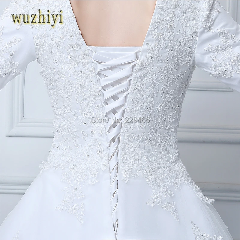 Wuzhiyi muslimanskih slog poročno obleko 2019 Prilagodite visoke kakovosti čipke-up poroka oblek Dolge rokave čipke vestido de noiva