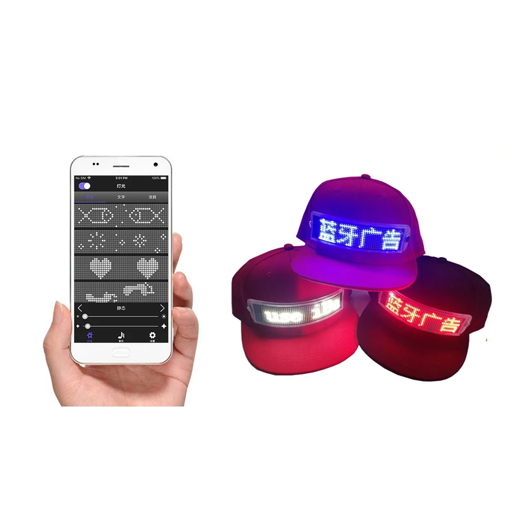 Mobilni Telefon Podpira Aplikacije Led Klobuk Žareče Brezžično Pošiljanje Besedo, se Pomaknite Bluetooth RGB Barvno Prilagodljiv Zaslon Led Klobuk Zaslon