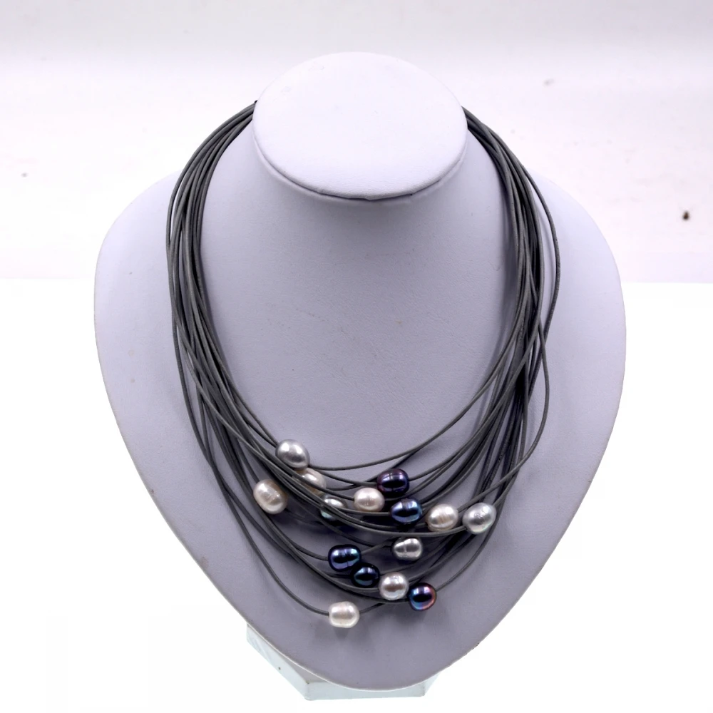 Moda za Ženske verige nakit Sivo usnje Črna Bela Siva sladkovodnih biserov mix usnje biseri ogrlica ženski vintage nakit