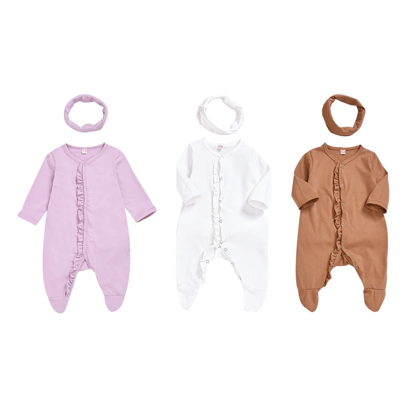 Newborn Baby Dekle, igralne obleke Dojenčke, Otroška Oblačila Bombaža Dolgo Sleeve Solid Romper Postavlja z Glavo Jeseni 2pcs Določa
