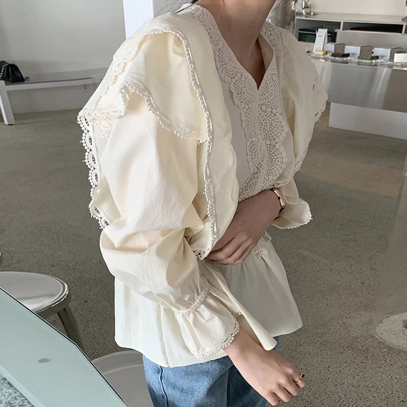 GALCAUR Elegantne Majice Za Ženske V Vratu Flare Dolg Rokav Mozaik Čipke Oblikovalec Prevelik Bluze za Ženske do leta 2020 Modnih Oblačil