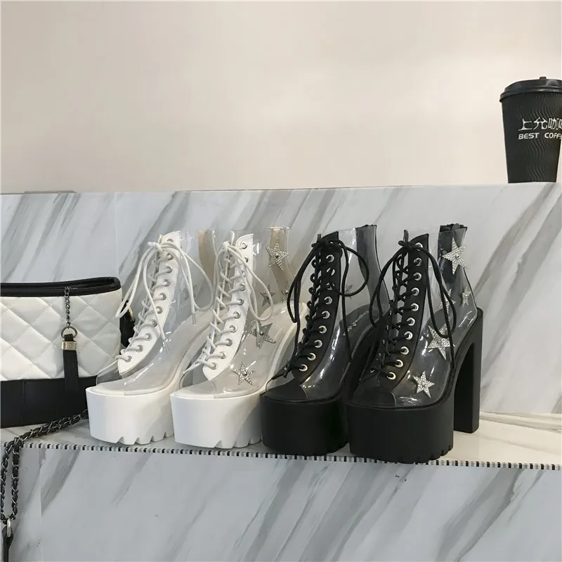 Moda Blok Visokih Petah Ženske Sandali, Škornji Punk Stil, PVC Crystal Star Platforma Čevlji Križ Vezani Čipke Nazaj Zadrgo Stranka