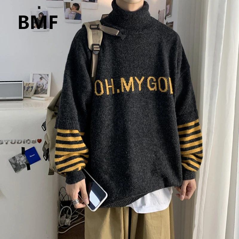 Korejski Modno Črtasto Mozaik Pulover 2020 Plus Velikost Hip Hop Turtleneck Puloverju Kpop Nekaj Oblačila Moda Ulične Moški