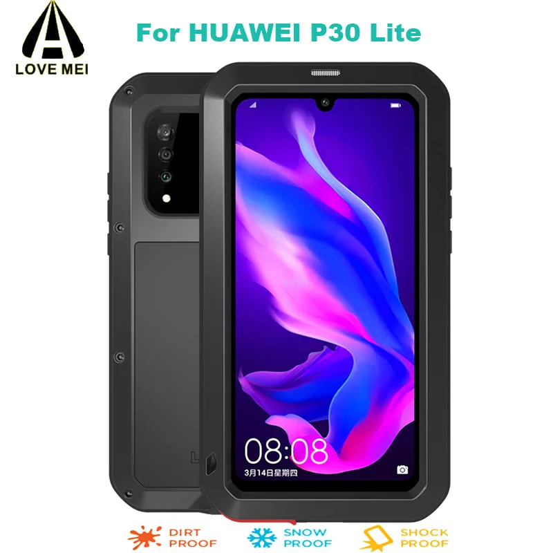 Za Huawei P30 Lite LJUBEZEN MEI Močno Kovinsko Ohišje+ Gorilla Glass Življenje Shockproof Neprepusten za Kovinske Polno Protectve telefon Primeru zajema