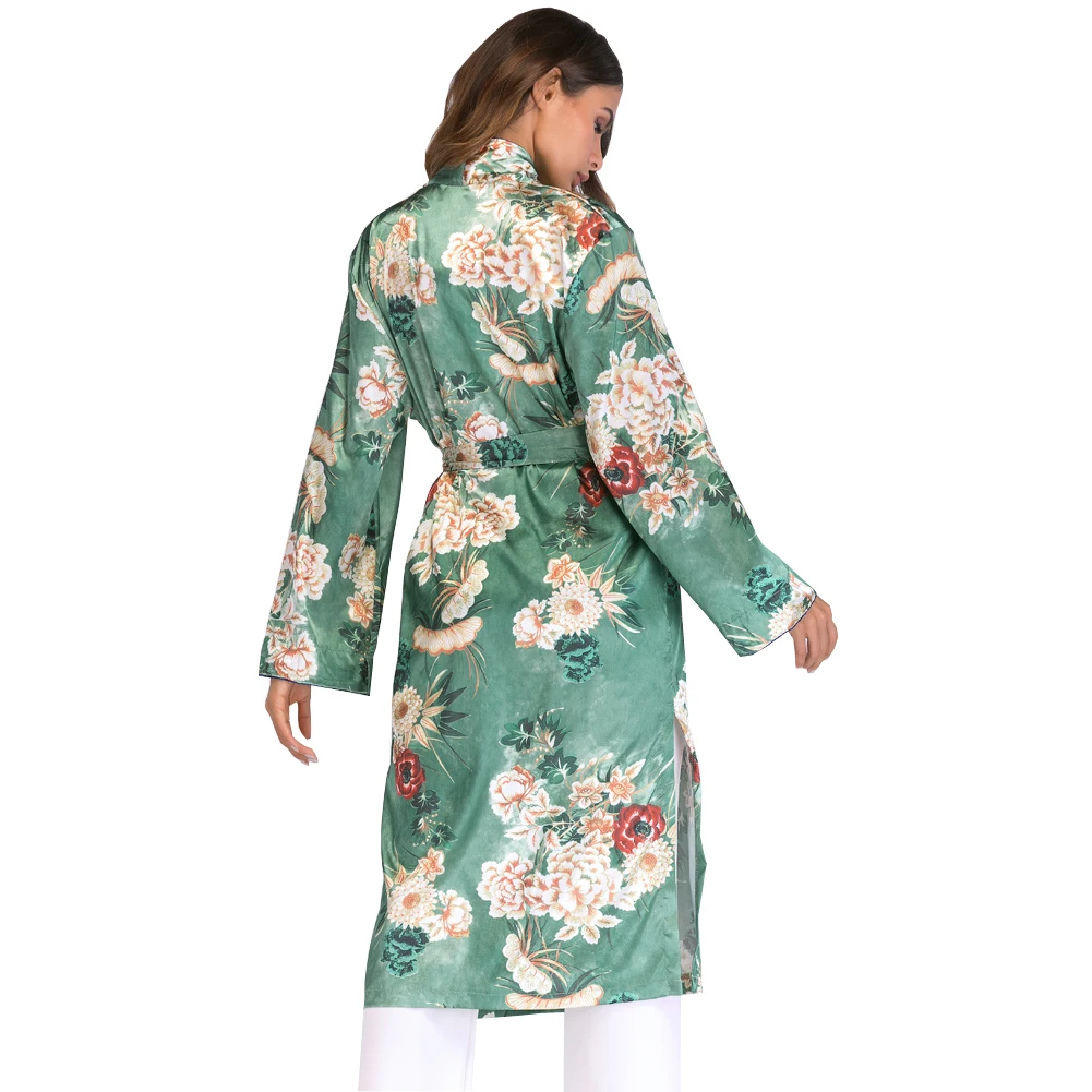 2020 Ženske Novo Vintage Cvjetnim Tiskanja Dolgo Dolg Rokav Design Kimono Jopico Maxi Šal Vrhovi S Pasom Retro Plašč Zelena