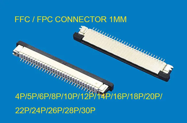 100 kozarcev FFC / FPC priključek 1 mm 1,0 mm 4 Pin 5 6 7 8 10 12 14 16 18 20 22 24 26 18 30 P Spodnji Kontaktni pravim kotom SMD / SMT ZIF