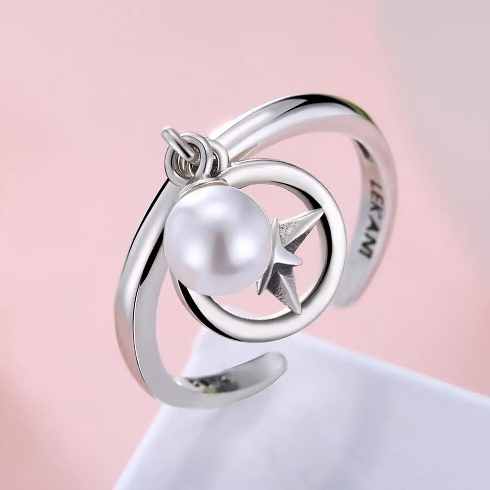 LEKANI 925 Sterling Silver Obroči Ženskam Umetno Pearl Retro Slogu Odpiranje Nastavljiv Prstan Obletnico Nakit Preprost Darilo