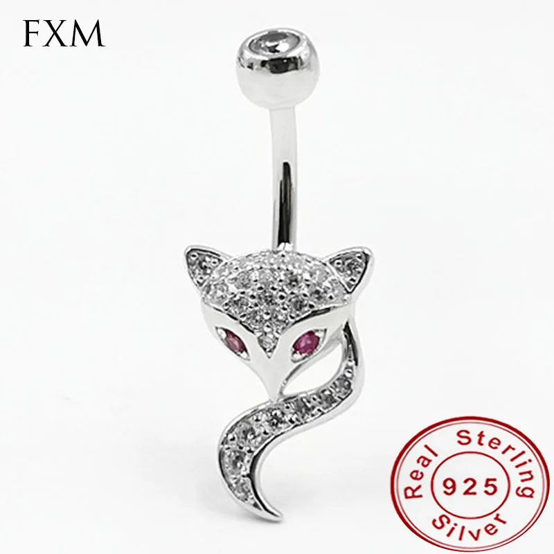 Kristalno Fox trebuh gumb obroč popka, preboji nakit telo bar piercing 925 srebro cirkon rhinestonefor ženske