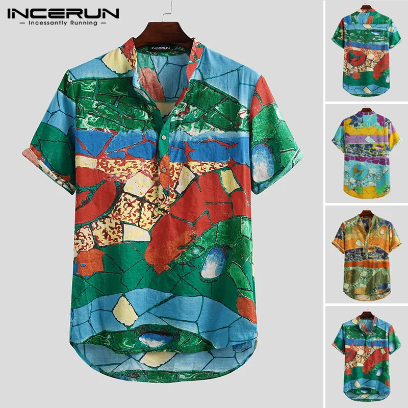 INCERUN Poletje Moških Priložnostne Hawaiian Shirt Tiskanje Dihanje Kratek Rokav Gumb 2021 Plaži Ulica Bombaž blagovne Znamke Puloverji Camisa