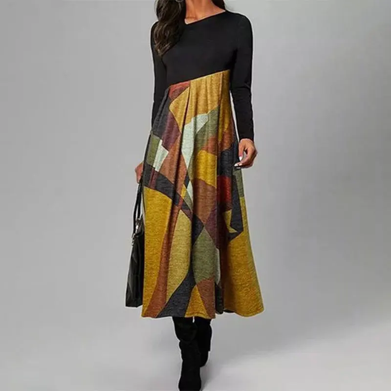 Priložnostne O Vratu Long Sleeve Vintage Obleko za Ženske Jeseni V Vratu, Ohlapno Obleko Mozaik