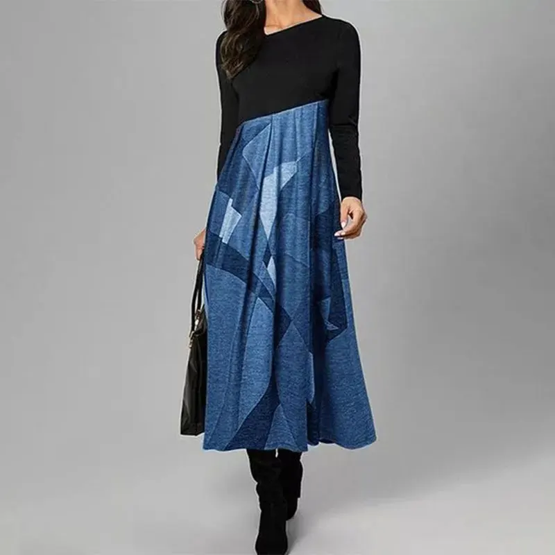 Priložnostne O Vratu Long Sleeve Vintage Obleko za Ženske Jeseni V Vratu, Ohlapno Obleko Mozaik