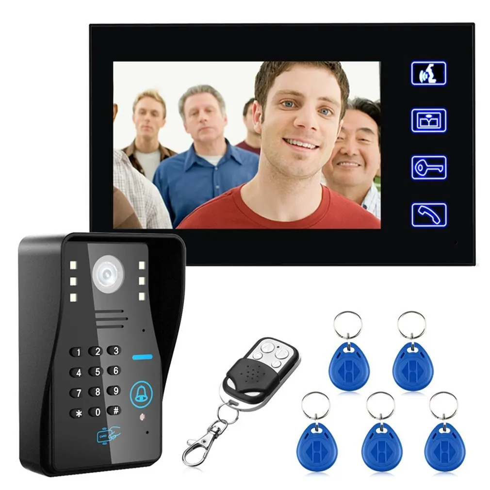 7-palčni Barvni Zaslon na Dotik Žično RFID Geslo Video Vrata Telefon Zvonec Z IR Kamero 200 M Oddaljeni Nadzor Sistema Interkom