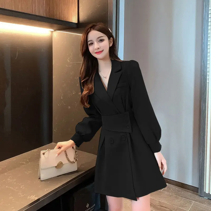 Ženske Dolg Rokav Mini Obleke Mozaik Design Zarezo Proti-vrat Elegantna Urad Dama Trdna Slim Ulzzang korejskem Slogu Outwear Chic