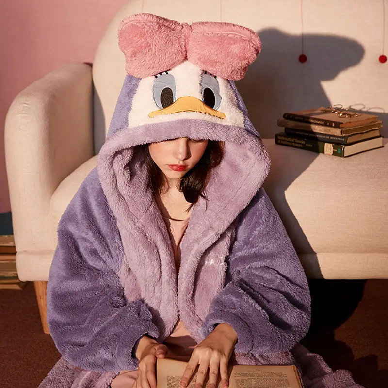 Disney Dekle Pižamo Roza Lok Hooded Donald Duck Pižamo Coral Runo Otroci Doma Obrabe Pozimi Priložnostne Risanka Raca Pižamo Debel