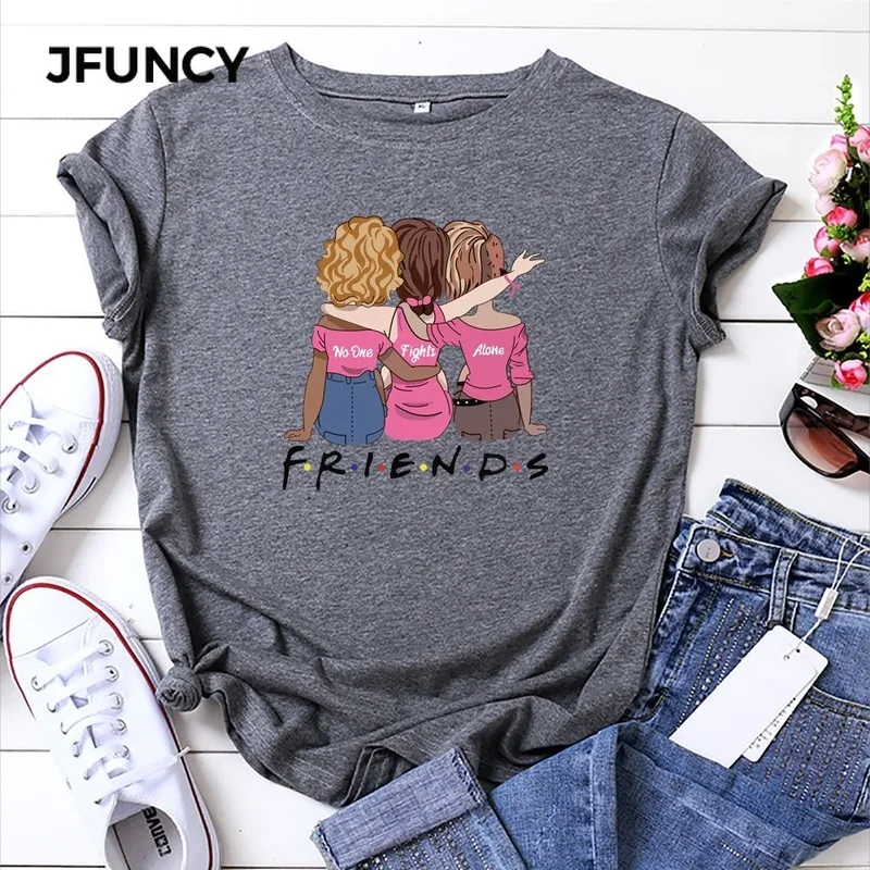 JFUNCY Plus Velikost Ženske Vrhovi 2020 Nove Ženske Bombaž Majica Najboljši Prijatelji, Risanka Natisnjeni Ženski Tee Poletje Kratek Rokav T-shirt
