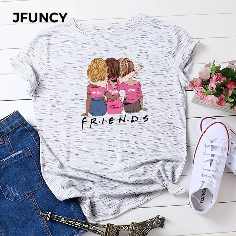 JFUNCY Plus Velikost Ženske Vrhovi 2020 Nove Ženske Bombaž Majica Najboljši Prijatelji, Risanka Natisnjeni Ženski Tee Poletje Kratek Rokav T-shirt